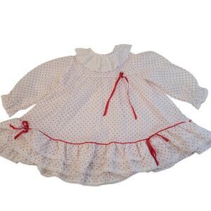 Vintage Baby Dress White Red Polka Dot Lace Trim Ruffle Long Sleeve Holiday